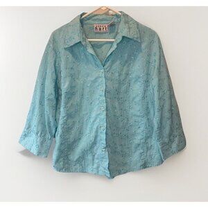 VTG Keren Hart Womens Blue Floral Top 1X Coastal Grandma Beach Resortwear Travel